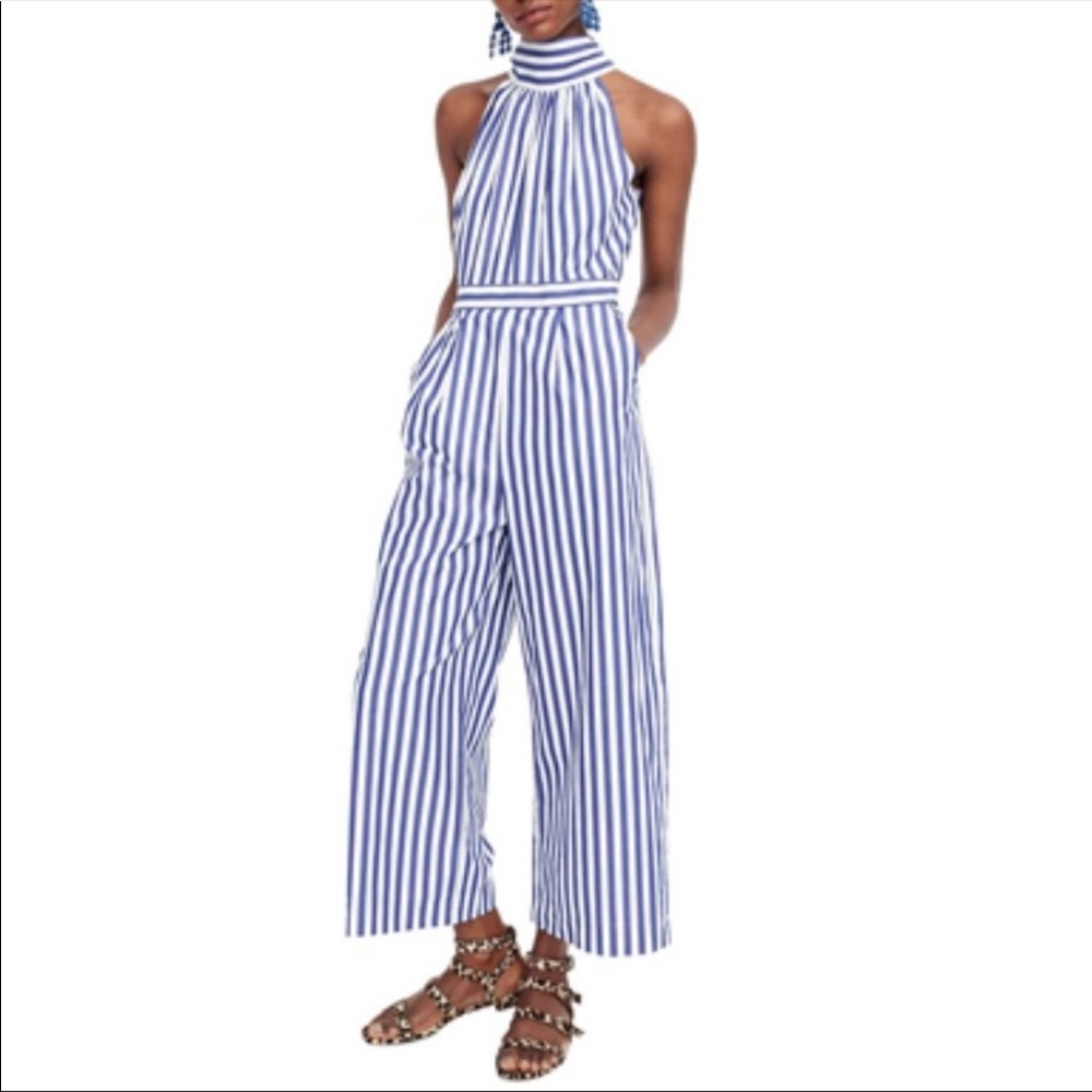 J. Crew Halter Wide Leg Neck Tie Stripe Jumpsuit